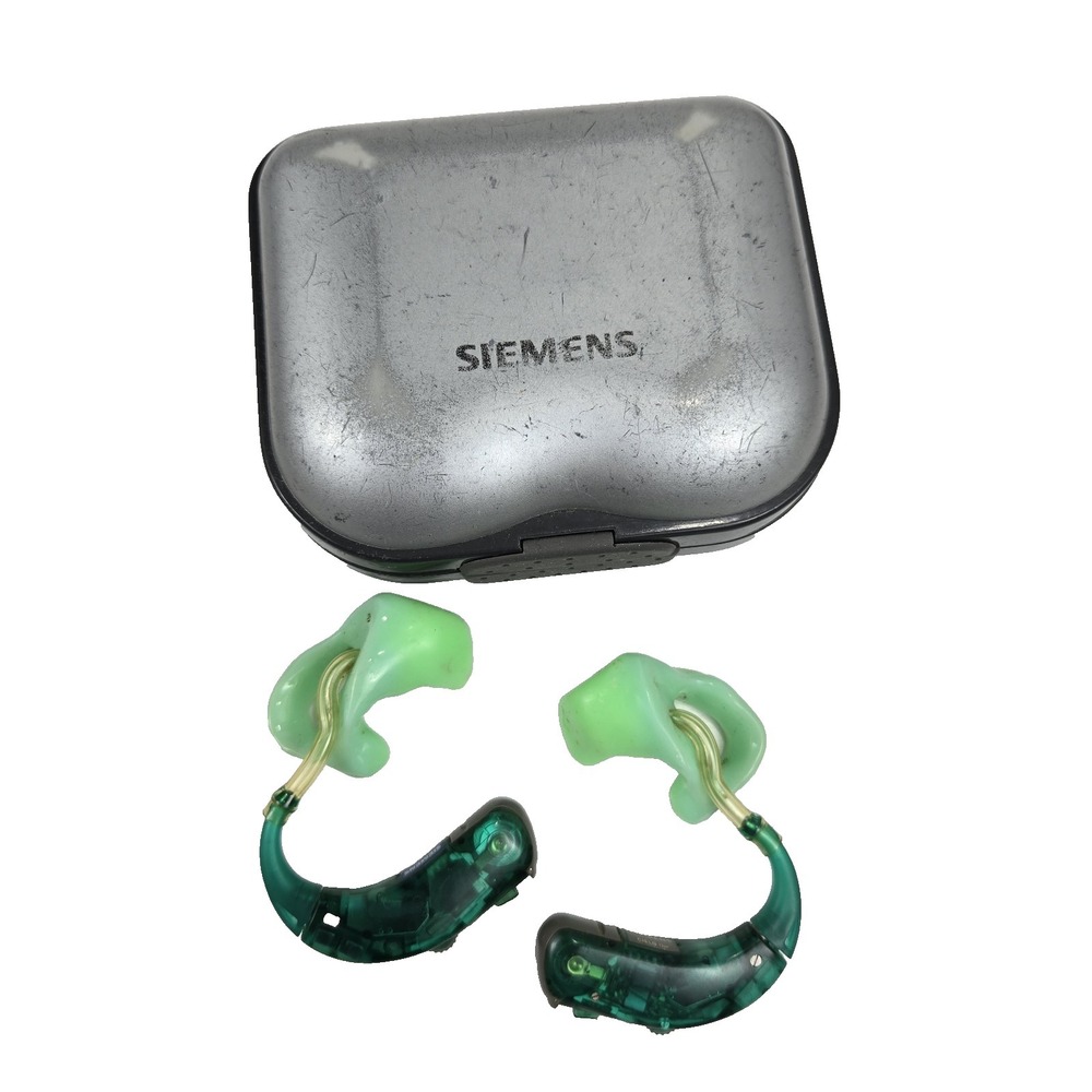 Pair Siemens Pediatric BTE Green Hearing Aids With Case Vtg 90s Y2K Tested Work!